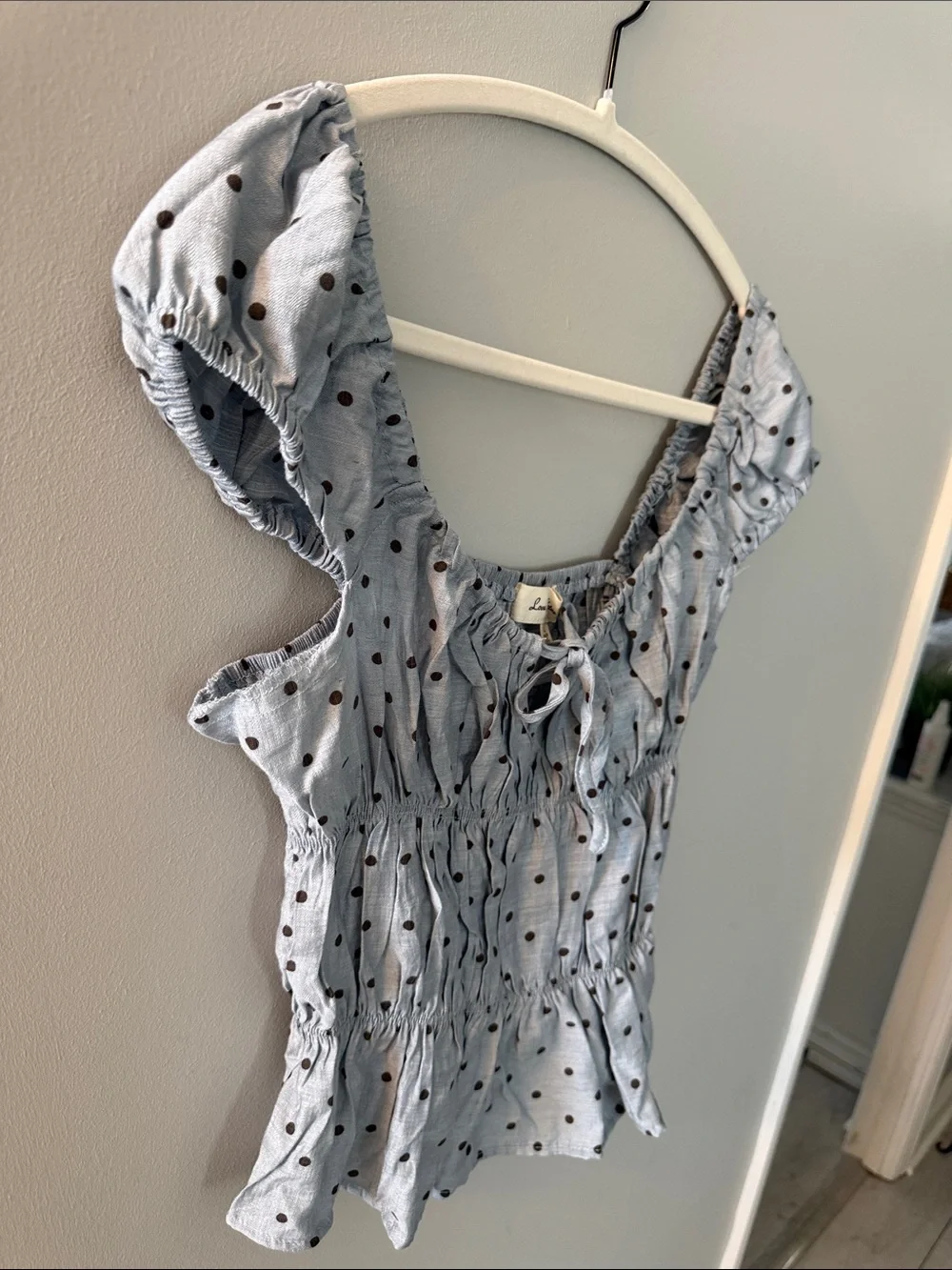 LOVE NOTES Light Blue Top w Black Polka Dots and Ruffle-Sleeve, L, NWT